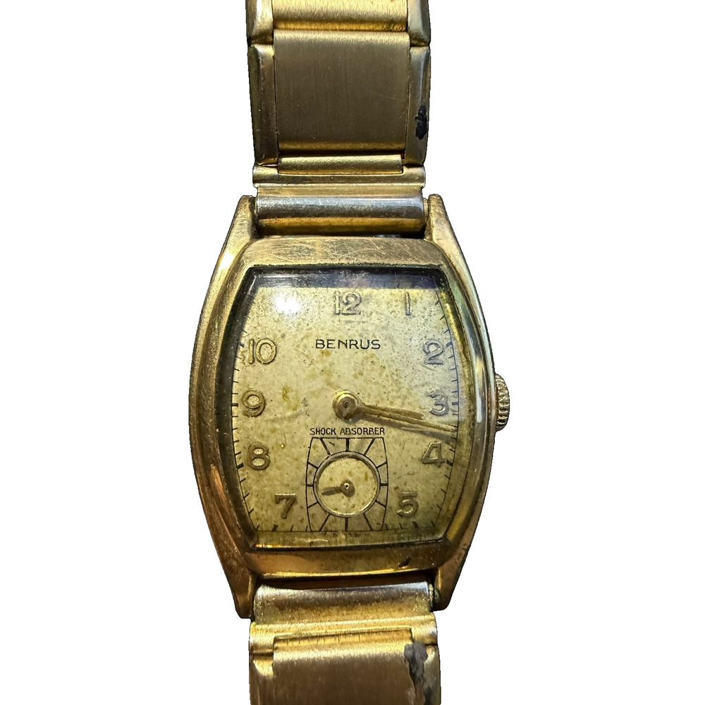Vintage BENRUS Shock Absorber Gold Tone Tonneau Wristwatch Expansion Band Men's
